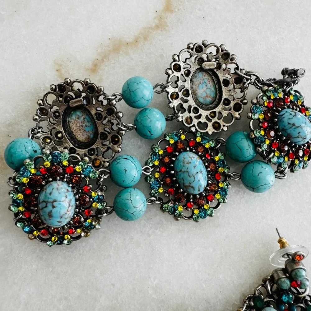 Boho Faux Turquoise Multi-Color Rhinestone Bracelet & Chandelier Earring Set